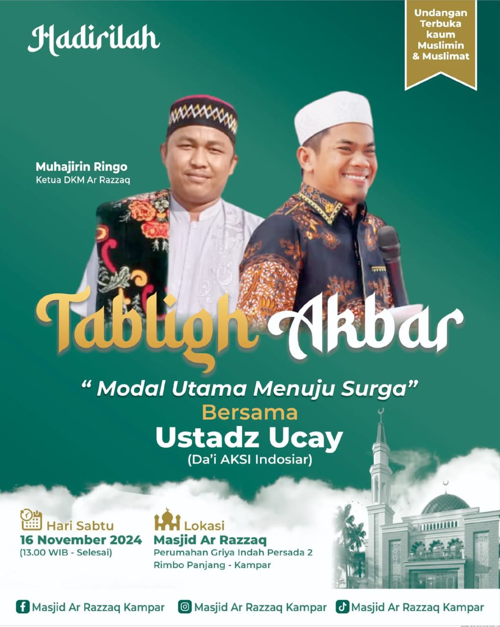 Gelar Tabligh Akbar, Masjid Ar Razzaq Rimbo Panjang undang Ustadz Ucay