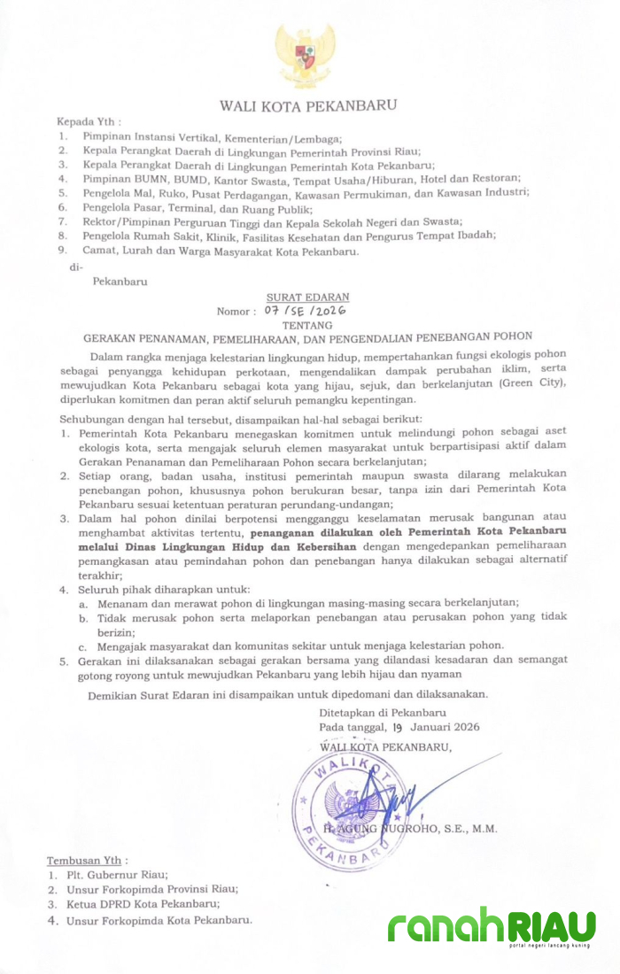 Jaga Kelestarian Alam, Wako Pekanbaru Terbitkan Edaran larangan Penebangan Pohon