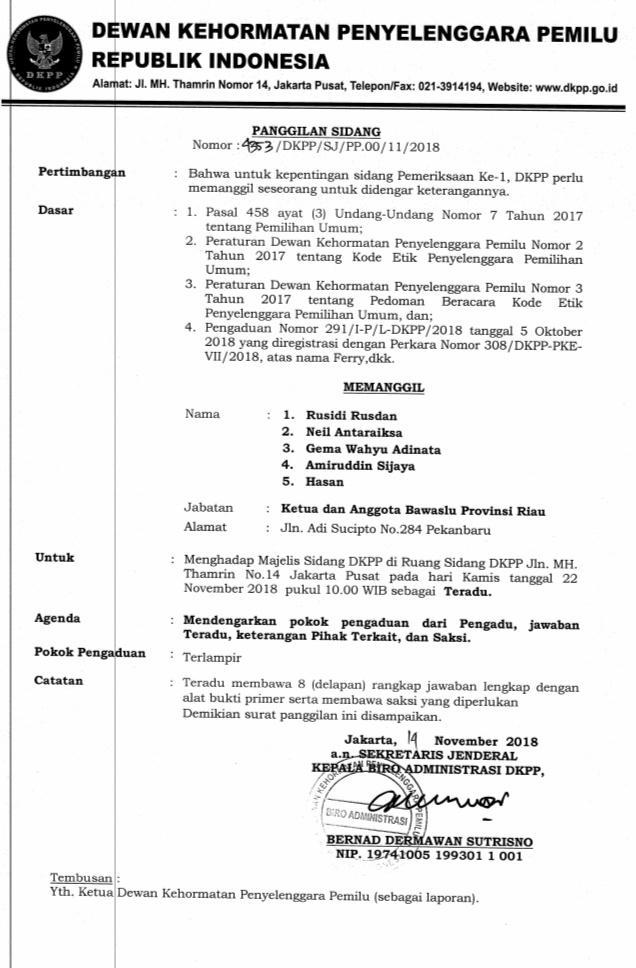 Soal Dugaan Pelanggaran Deklrasi, Bawaslu Riau Di Panggil DKPP
