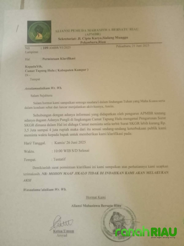 Diduga Bermain Uang SKGR, APMBR minta Camat Tapung Hulu dicopot