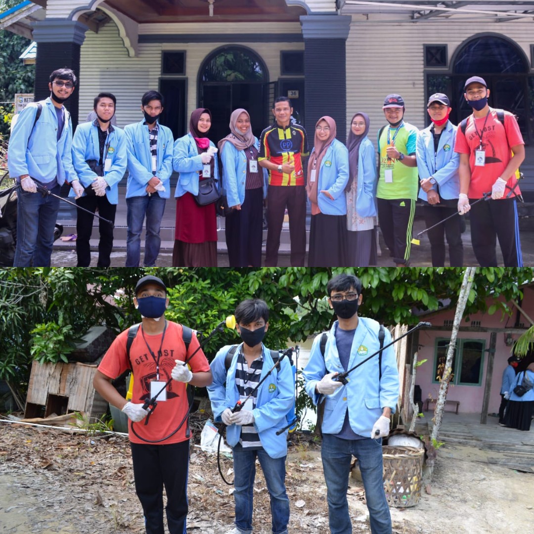 Mahasiswa UNRI Lakukan Penyemprotan Desinfektan dan Edukasi AKB di Desa Tualang