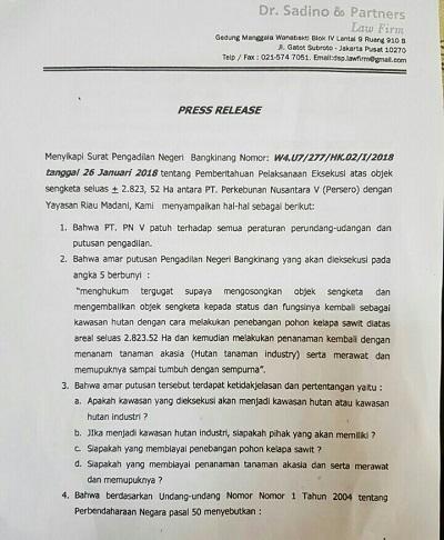 Kuasa Hukum PTPN V : Ada Kejanggalan Pada Putusan Eksekusi Lahan 2.823.52 HA di PN Bangkinang