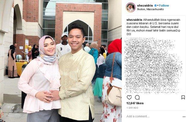 Lebaran di Amerika, Sheza Idris Pamerkan Baby Bump Bareng Sang Suami