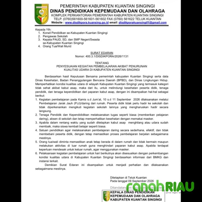 Udara Kuansing Masuk Kategori Tidak Sehat, Sekolah Libur Tatap Muka Selama Dua Hari