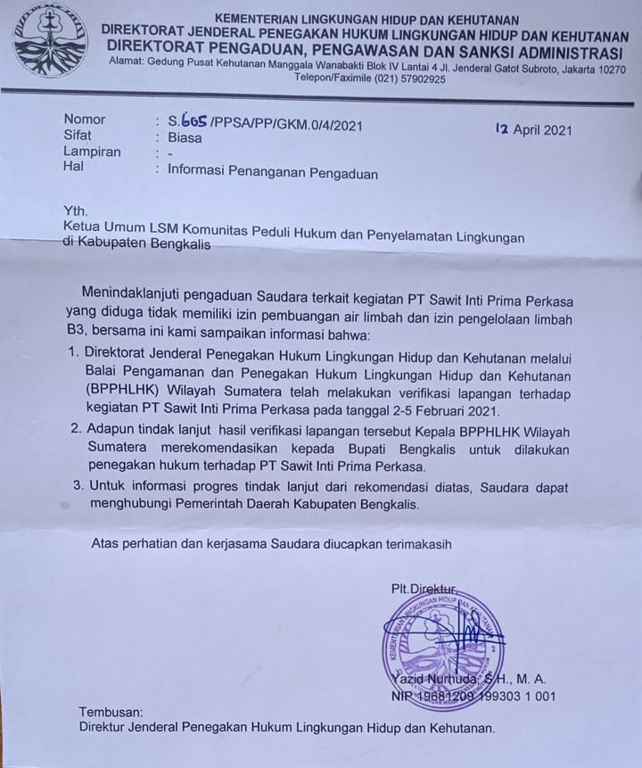 Akibat Pencemaran Lingkungan, LSM KPH-PL Mendesak Bupati Bengkalis Eksekusi PT. SIPP Duri