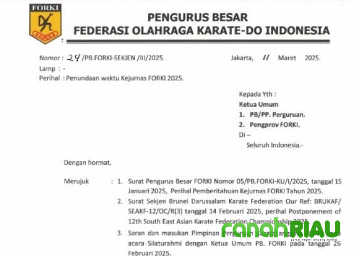 Kejurnas Karate Piala Ketum FORKI III dan Piala Gubri Ditunda, Ini Alasannya