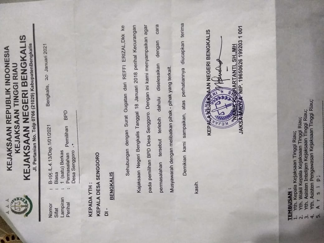 Terkait Permasalahan Calon BPD, Diduga Kades Senggoro Abaikan Surat dari Kejaksaan Bengkalis