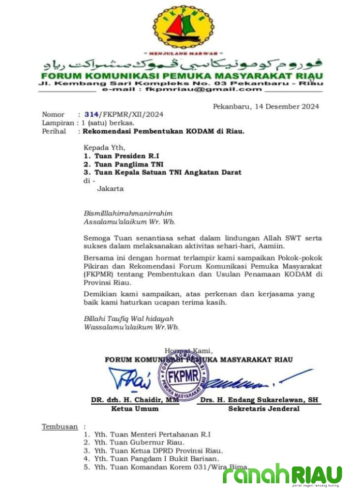 Dukung Penuh Pembentukan Kodam XIX, FKPMR Usulkan beberapa nama dan Pokok Pikiran 