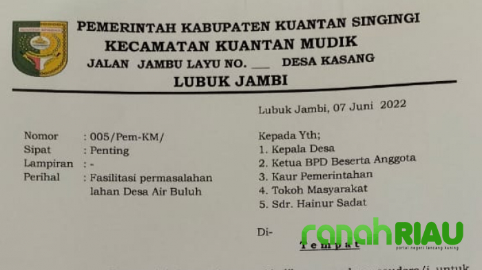 Camat Kuantan Mudik Akan Fasilitasi Permasalahan Lahan di Air Buluh yang Dilaporkan ke Polda Riau