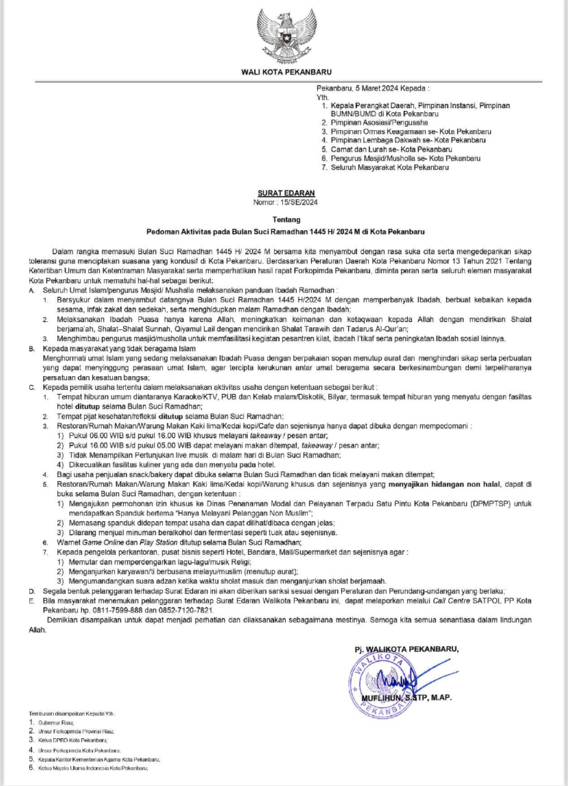 Pemko Pekanbaru keluarkan surat Edaran Pedoman Aktivitas Ramadhan 1445 H