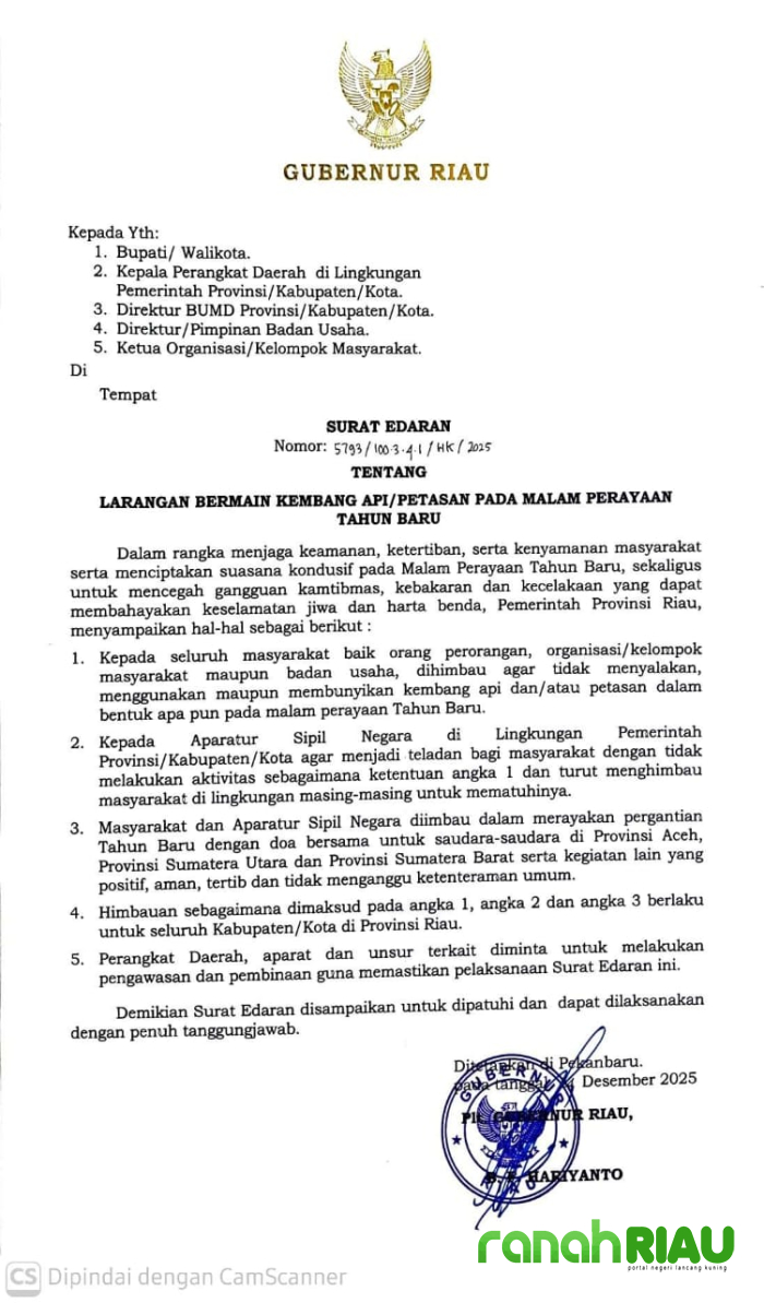 Tahun Baru Tanpa Dentuman, Gubernur Riau Resmi Larang Petasan dan Kembang Api