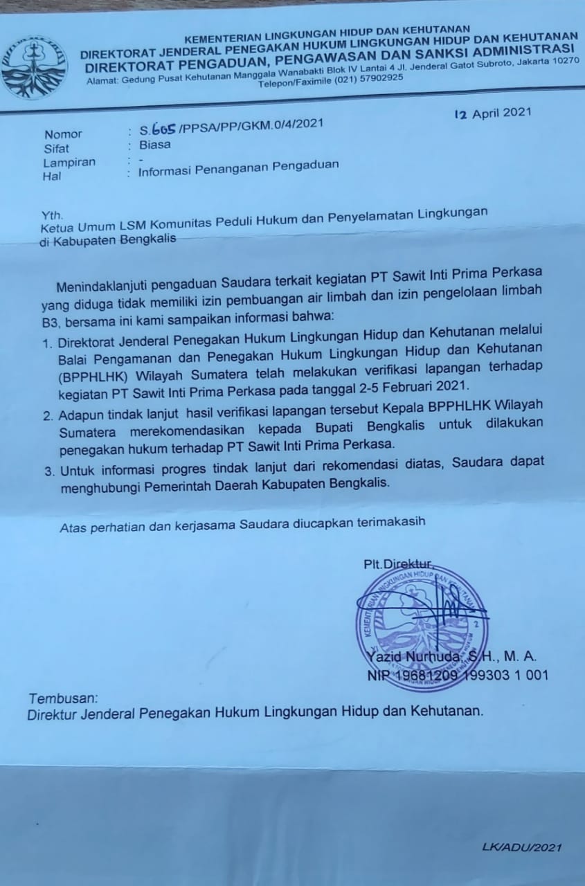 LSM (KPH-PL) Mendukung Penuh Bupati Bengkalis, Proses Hukum PT. SIPP Duri