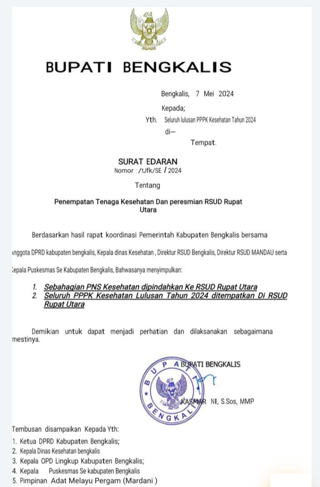 Hoaks, Surat Edaran di Tandatangani Bupati Bengkalis dan Peresmian RSUD Rupat Utara