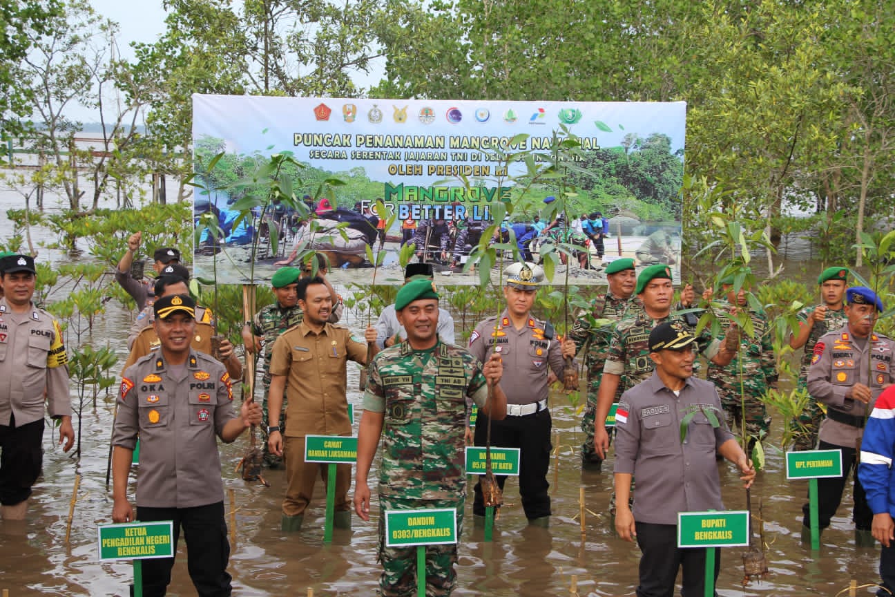 TNI dan Polres Bengkalis Laksanakan Penanaman Mangrove Serentak se-Indonesia