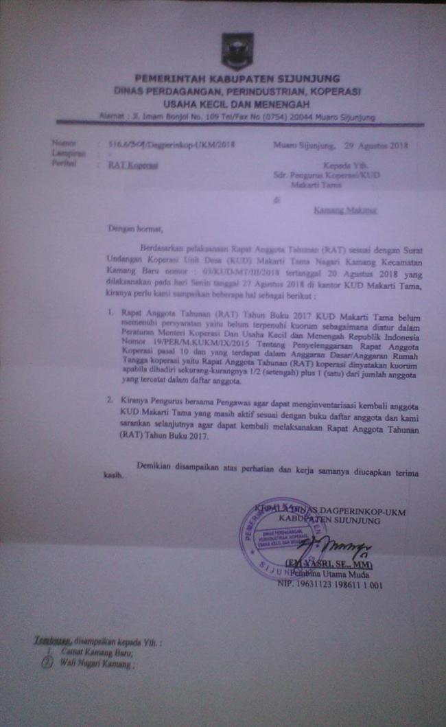 Akhirnya Dinas Dagperinkop-UKM Kabupaten Sijunjung, Keluarkan Keputusan Terkait KUD Makarti Tama