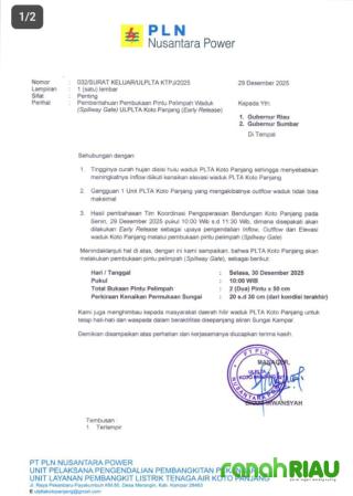 Early Release Waduk PLTA Koto Panjang, Warga Hilir Sungai Kampar diminta Waspada