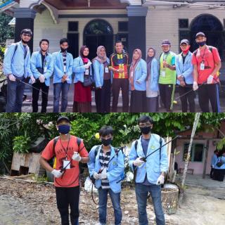 Mahasiswa UNRI Lakukan Penyemprotan Desinfektan dan Edukasi AKB di Desa Tualang