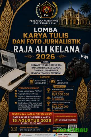 PWI Riau Perpanjang Pendaftaran Lomba Karya Tulis dan Foto Jurnalistik Raja Ali Kelana 2026